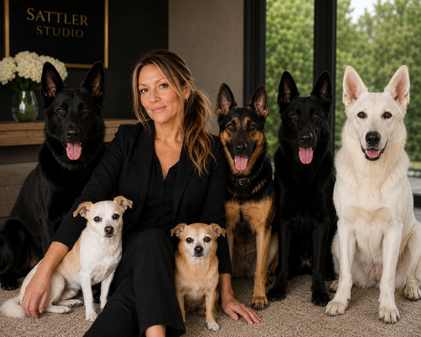 Kimberlee Sattler with her dogs at Sattler Studio